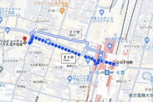 JR北千住駅からスリムビューティハウス北千住店へのルート案内地図