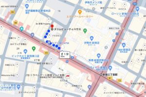 新宿三丁目駅からスリムビューティハウス新宿総本店へのルート案内地図