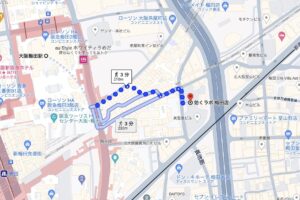 梅田駅から効くラボ梅田店へのルート案内地図画像